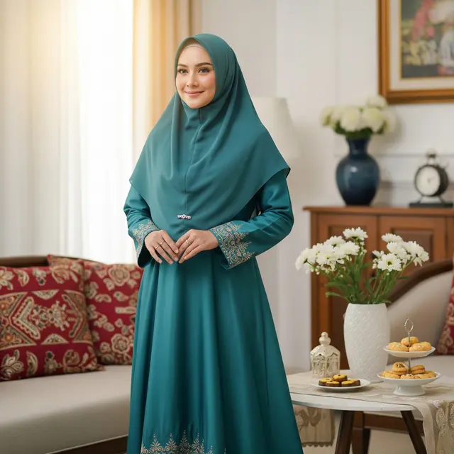 Gamis Warna Transformative Teal untuk Lebaran (Gemini AI)
