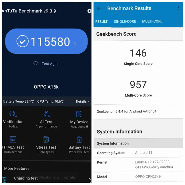 Skor AnTuTu (kiri) dan Geekbench (kanan) untuk Oppo A16k (Liputan6.com/Giovani Dio Prasasti)