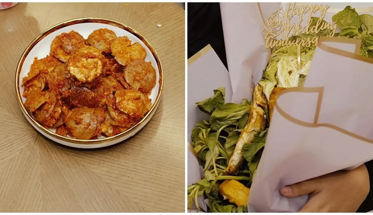 Begini penampakan buket sayuran dan sajian makanan di hari jadi pernikahan Atta dan Aurel Hermansyah. Selain satu ekor ayam goreng, jengkol juga jadi hidangan di momen perayaan Aurel dan Atta. Meski tampak sederhana, sajian makanan perayaan anniversary pernikahan ini menggugah selera. Buket bunga sayuran juga menggambarkan Aurel yang kini sudah jadi ibu dua anak. (Liputan6.com/IG/@attahalilintar)