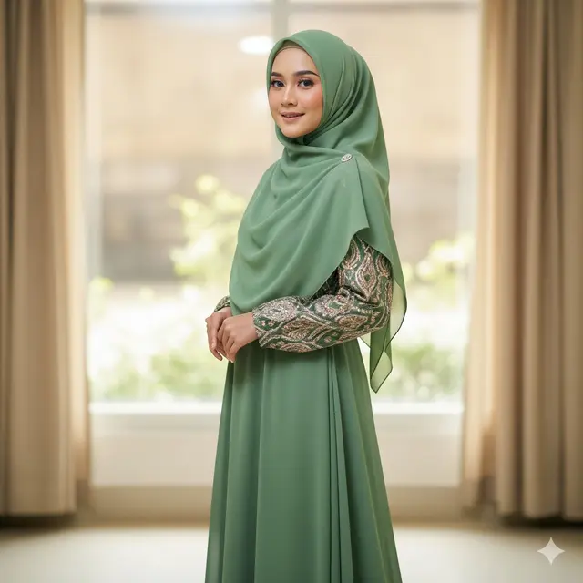 Maxi Dress Sifon dengan Lengan Brokat