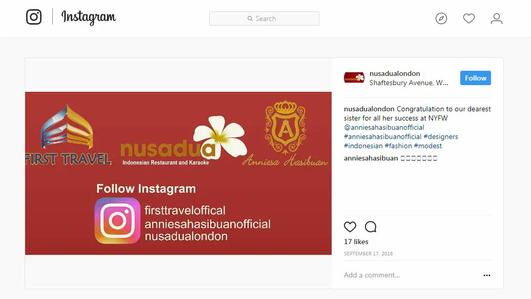 Instagram restoran Nusadua di London. (Instagram/Nusadualondon)