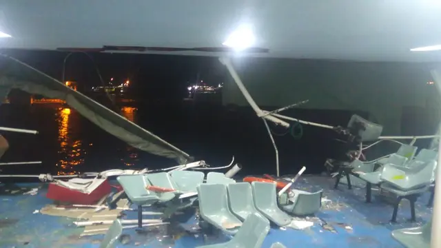 Kondisi kapal yang mengalami insiden tabrakan di Pelabuhan Ketapang Banywuangi. (Istimewa)