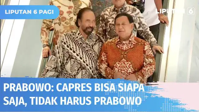 Ketua Umum Partai Gerindra, Prabowo Subianto, menemui Ketua Umum Partai Nasdem, Surya Paloh di Kantor DPP Partai Nasdem di Gondangdia. Prabowo mengungkapkan siapa saja bisa menjadi calon presiden tidak harus dirinya.