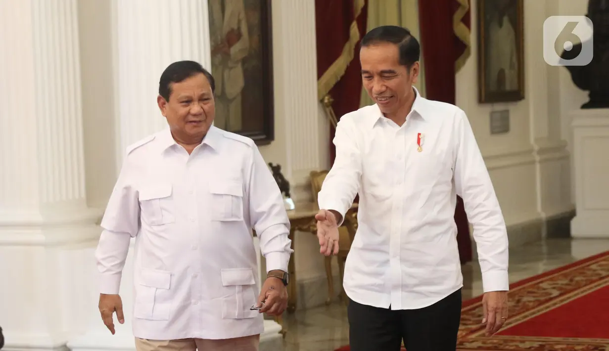 Presiden Joko Widodo saat menerima Ketua Umum Partai Gerindra Prabowo Subianto di Istana Merdeka, Jakarta, Jumat (11/10/2019). Dalam pertemuan tersebut mereka membahas permasalahan bangsa dan koalisi. (Liputan6.com/Angga Yuniar)