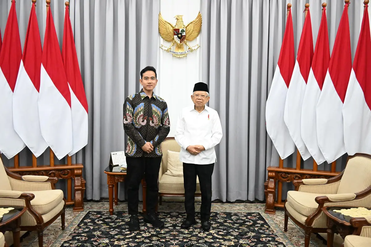 Wakil presiden terpilih Gibran Rakabuming Raka menemui Wakil Presiden Ma'ruf Amin Rabu (24/4/2024).