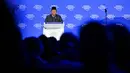 Sebagai informasi, Forum Ekonomi Dunia (WEF) merupakan pertemuan tingkat dunia yang rutin digelar tiap tahun sejak 1971 di Davos, Swiss. Tampak dalam foto, Presiden Indonesia, Prabowo Subianto saat menyampaikan pidato khusus (special address) pada pertemuan tahunan Forum Ekonomi Dunia (WEF) di Davos, Swiss, pada Kamis 22 Januari 2026. (Fabrice COFFRINI/AFP)