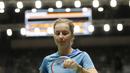 Pebulutangkis Denmark, Sofie Holmboe Dahl, saat melawan  Indonesia, Gregoria Mariska, pada laga Indonesia Masters 2018 di Istora Senayan, Selasa (23/1/2018). Gregoria menang 21-12 dan 21-13 atas Sofie Holmboe. (Bola.com/M Iqbal Ichsan)