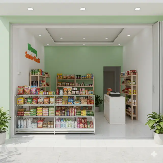 Desain Warung Sembako dengan Etalase Kaca Minimalis (Image byGemini AI)