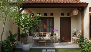 Model Teras dengan Pohon Hias Daun Lebar. (Foto: AI)