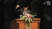 Sandiaga Uno membacakan pidato pengunduran diri saat rapat paripurna DPRD DKI Jakarta, Senin (27/8). ).(merdeka/ Iqbal S. Nugroho)