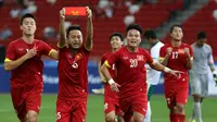 Ekspresi pemain Vietnam U-23, Huy Toan Vo, setelah mencetak gol ke gawang Indonesia U-23. (Bola.com/Arief Bagus)