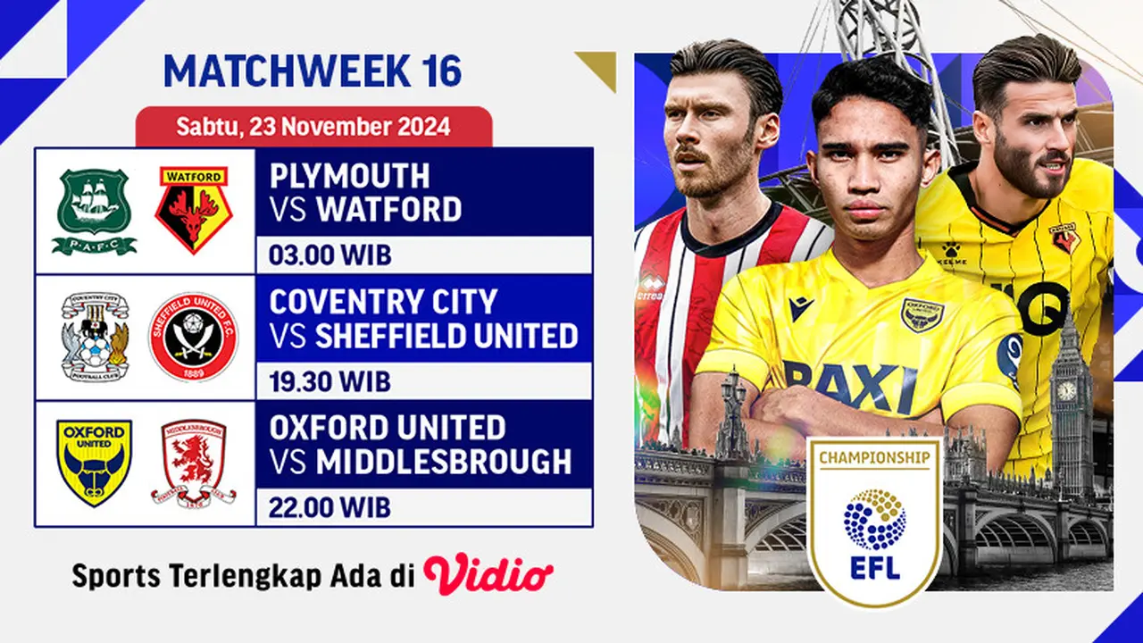 Jadwal EFL Championship 2024/2025 Matchweek 16
