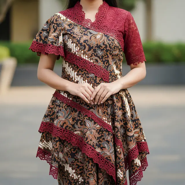9 Dress Batik Kombinasi Brokat Asimetris Lengan Pendek, Inovasi Gaya Anggun