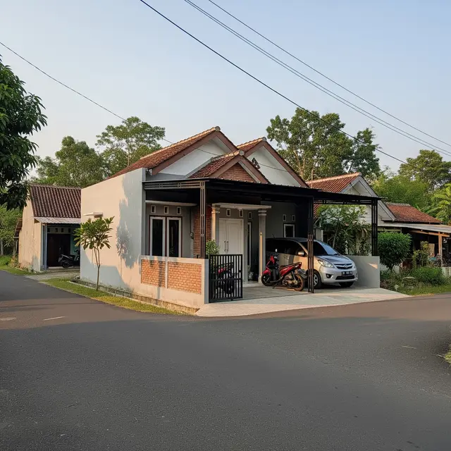 9 Inspirasi Rumah Tipe 36 Hook di Kampung dengan Carport Motor dan Mobil Kecil