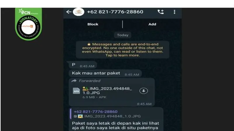 Tangkapan layar klaim file APK laporan pengiriman paket dari akun WhatsApp Pos Indonesia