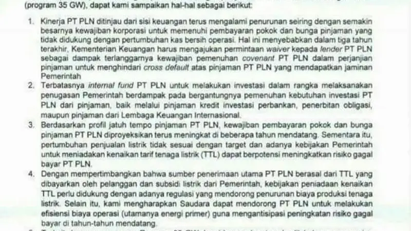 Surat Menteri Keuangan Sri Mulyani kepada Menteri BUMN dan Menteri ESDM soal potensi gagal bayar utang PLN.