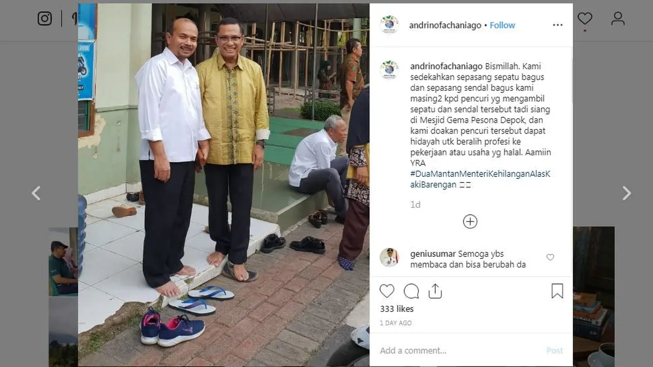 Dua mantan menteri Jokowi kehilangan sandal dan sepatu usai salat Jumat. (Instagram @andrinofachaniago)