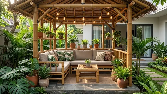 Gazebo Bambu Modern dengan Sentuhan Sofa dan Dekorasi Elegan