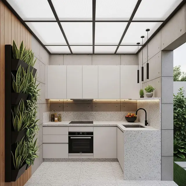 Dapur Semi Outdoor 2,5x2 Meter Rumah Type 45 dengan Skylight dan Taman Samping