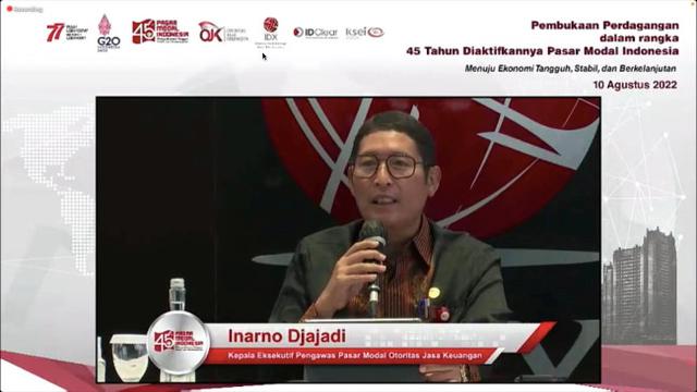 Kepala Eksekutif Pengawas Pasar Modal OJK Inarno Djajadi saat pembukaan perdagangan dalam rangka 45 tahun diaktifkannya pasar modal Indonesia (Foto: tangkapan layar/Pipit I.R)