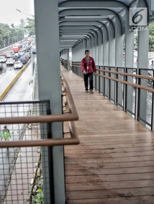 Pejalan kaki melintas di jembatan penyeberangan orang (JPO) Bundaran Senayan, Jakarta, Senin (21/1).  Untuk sisi keamanan, di bagian samping dipasang pagar kawat. (Liputan6.com/Faizal Fanani)