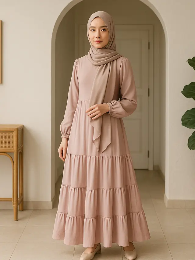 7 Model Gamis dengan Hijab Pashmina Lilit Simpel, Tampil Anggun Tanpa Ribet