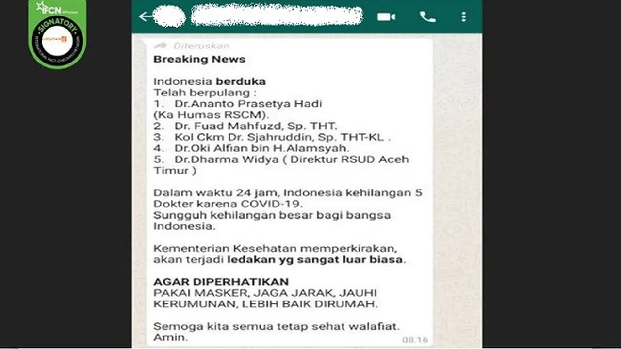 Gambar Tangkapan Layar Kabar tentang 5 Dokter Meninggal Dunia Akibat Covid-19 (sumber: WhatsApp)
