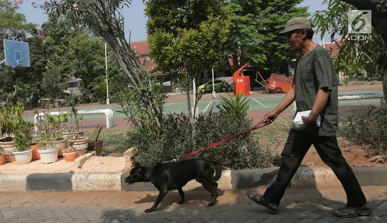 Warga membawa anjing peliharaannya saat akan melakukkan vaksinasi rabies di perumahan Jakarta Timur, Rabu (3/10). Vaksinasi rabies ini gratis bagi warga yang mempunyai hewan peliharaan. (Merdeka.com/Imam Buhori)