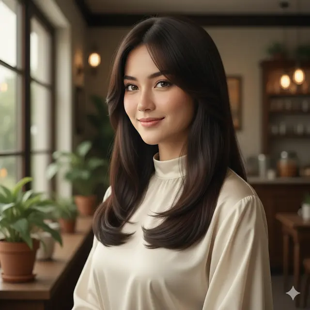 Model Rambut Wanita Panjang Lurus Poni Samping