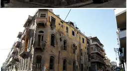 Foto kombinasi menunjukkan sebuah bangunan di Homs, Suriah, pada tanggal 26 Desember 2008 (atas) dan bangunan yang sama telah rusak setelah perang saudara antara pemberontak dan pembela rezim Bashar al Assad, pada 13 Mei 2014. (REUTERS/Omar Sanadiki)