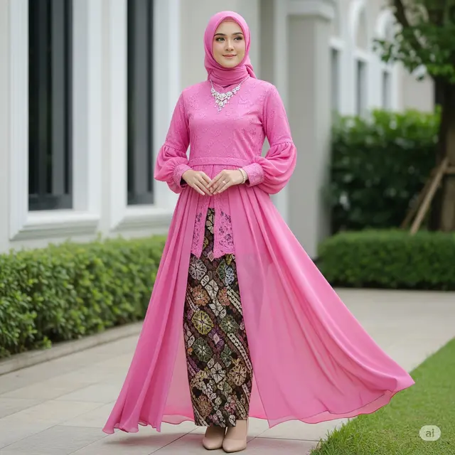Gamis Kombinasi Brokat Lengan Balon. Foto: Gemini