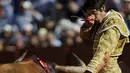  Seorang matador bersiap-siap menyerang banteng yang akan menyerangnya di arena adu banteng, Maestranza, Sevilla, Senin (5/5/2014) (AFP Photo/Gogo Lobato).