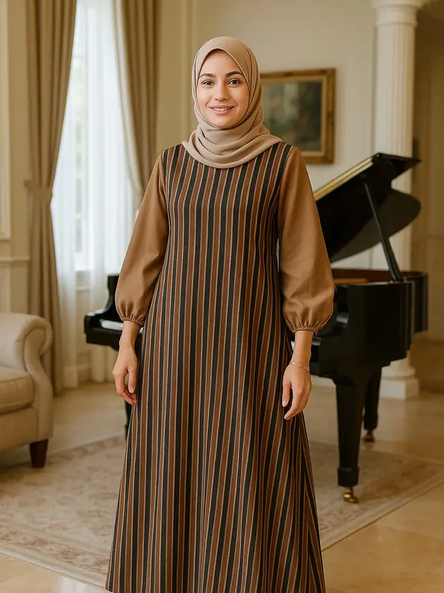 Model Gamis Lurik Kombinasi Polos di Lengan untuk Ibu-ibu 40 Tahun