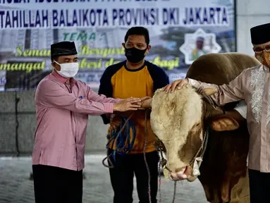 Gubernur DKI Jakarta Anies Baswedan (kanan) menyerahkan sapi kurban di Balai Kota, Jakarta, Jumat (31/7/2020). Pada Hari Raya Idul Adha tahun ini, Anies menyumbangkan sapi kurban jenis limosin seberat 1,3 ton. (Liputan6.com/Immanuel Antonius)