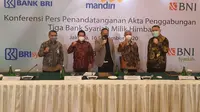 Konferensi Pers Penandatanganan Akta Penggabungan Tiga Bank Syariah Milik Himbara, Jakarta, Rabu (16/12/2020).