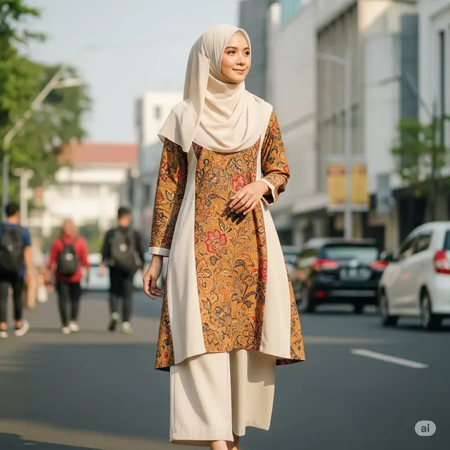 Setelan Tunik Batik Kombinasi & Celana Kulot Polos