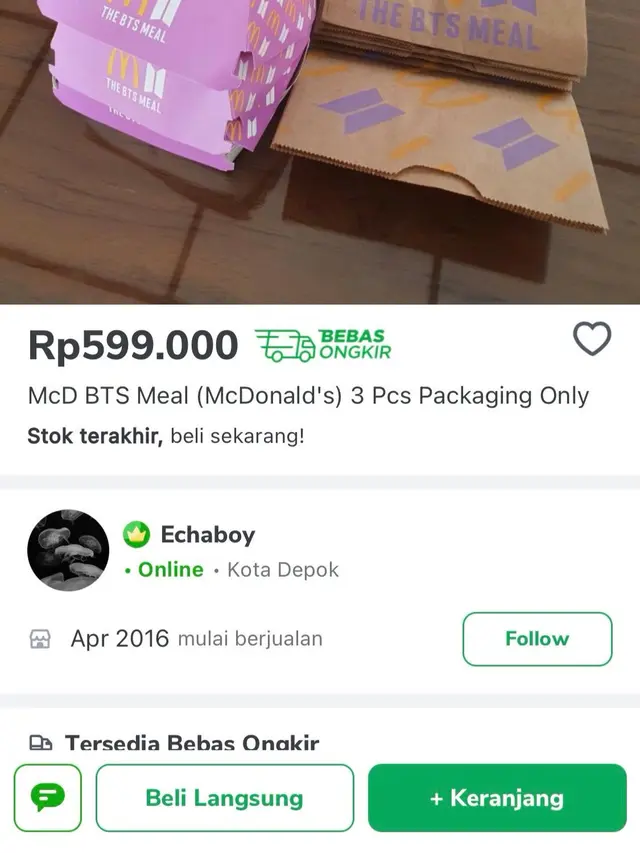 Viral Bungkus Kosong McD BTS Meal Dijual Online, Ada yang Harganya Ratusan Ribu. (Sumber: Twitter/txtdariolshop)
