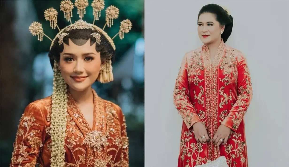 Penampilan bak putri-putri raja Jawa. Baik Erina Gudono dan Kahiyang tampil dengan kebaya Jawa bernuansa merah oranye yang dipenuhi payet berkilauan. [Foto: Instagram/ayanggkahiyang/erinagudono]