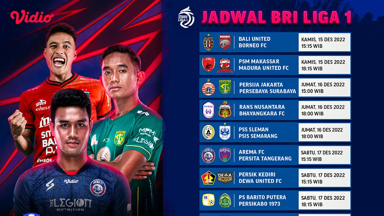 Jadwal BRI Liga 1 2022/2023 Pekan Ke-15, Saksikan Pertandingannya Hanya di Vidio