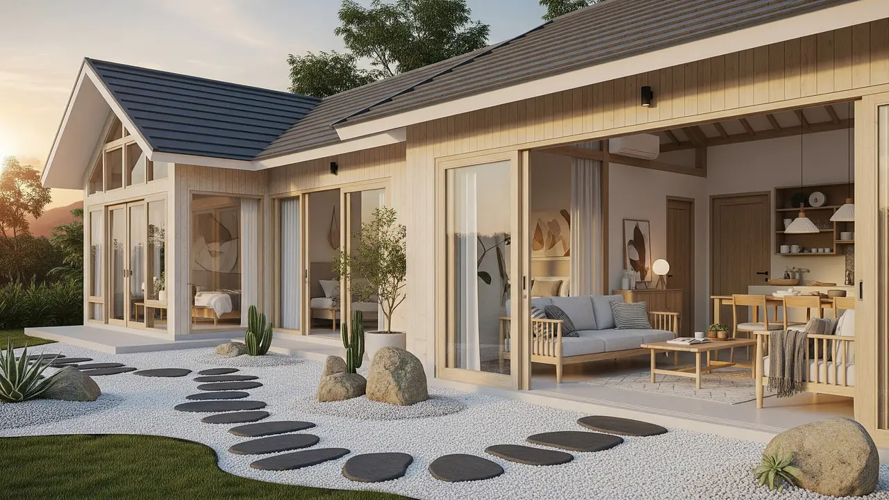 Model Rumah Sederhana Tapi Mewah Gaya Japandi dengan Taman Mini/ Ilustrasi AI