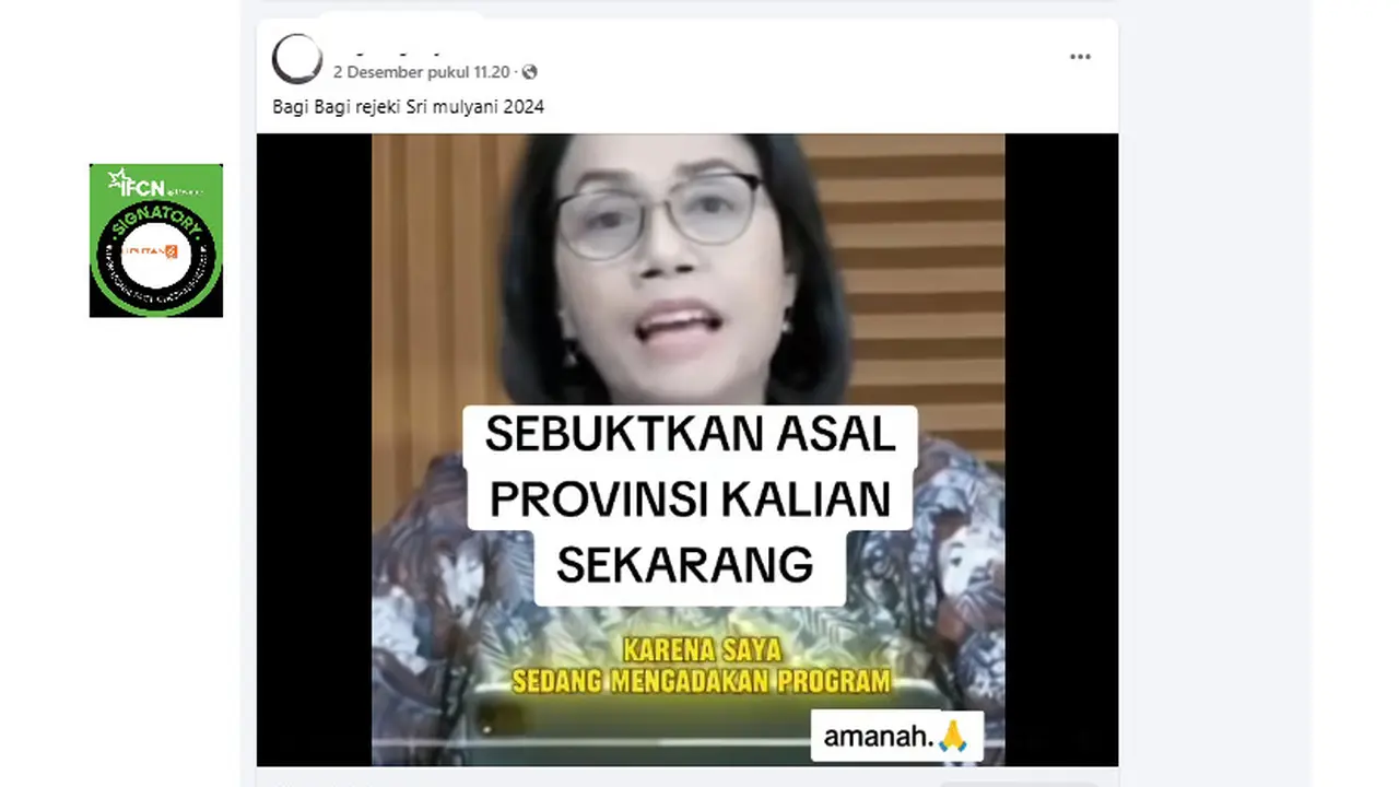 Tangkapan layar klaim video Sri Mulyani berbagi rezeki