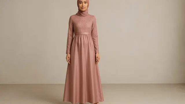 Model Gaun Pesta Muslimah Kombinasi Brokat dan Satin/Ilustrasi AI