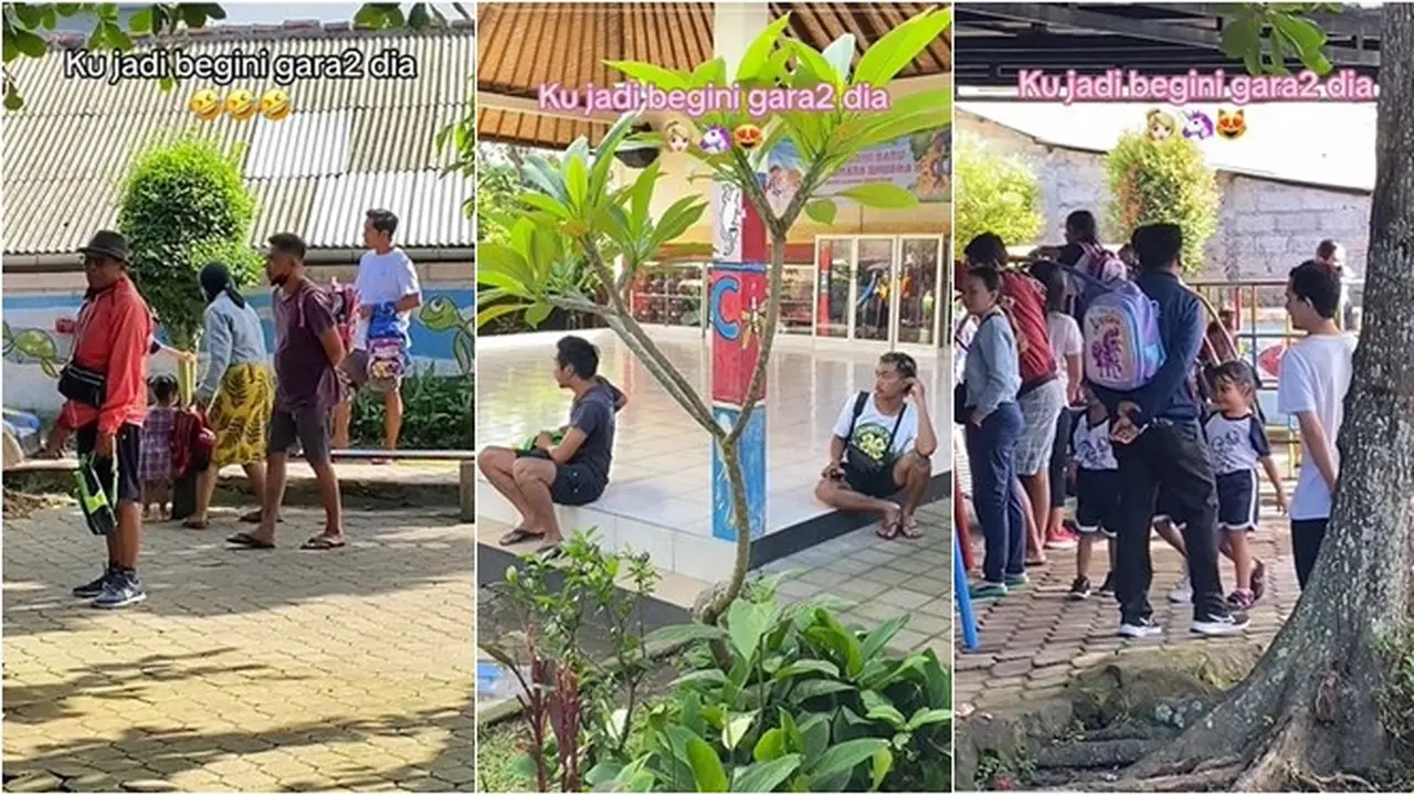 Momen Bapak-Bapak Jaga Anaknya di Sekolah TK, Tampil PD Bawa Tas Hello Kitty