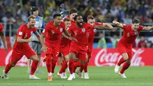 Para pemain Inggris merayakan kemenangan atas Kolombia pada babak 16 besar Piala Dunia di Stadion Spartak, Moskow, Selasa (3/7/2018). Inggris menang 1-1 (4-3) atas Kolombia. (AP/Ricardo Mazalan)