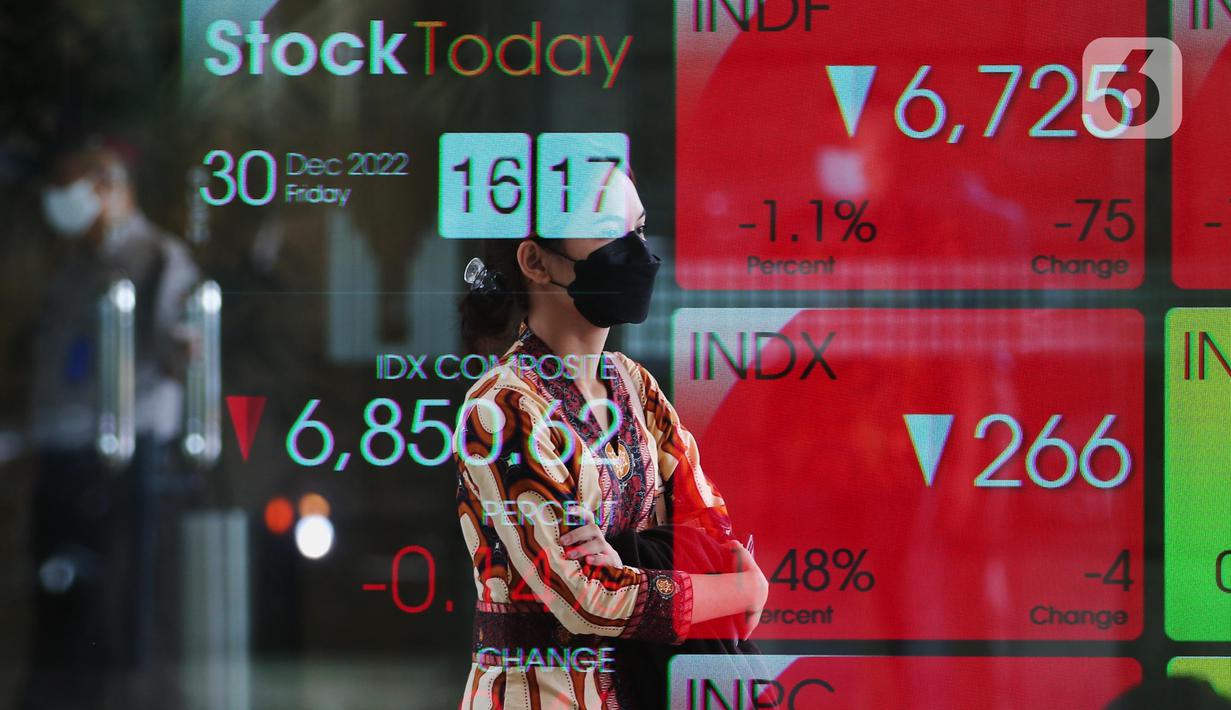 Karyawan melintasi layar yang menampilkan Indeks Harga Saham Gabungan (IHSG) saat acara Penutupan Perdagangan Bursa Efek Indonesia Tahun 2022 di Jakarta, Jumat (30/12/2022). PT Bursa Efek Indonesia (BEI) mencatat ada 59 perusahaan yang melakukan Initial Public Offering (IPO) atau pencatatan saham sepanjang 2022. Pada penutupan perdagangan akhir tahun, Indeks Harga Saham Gabungan (IHSG) ditutup lesu 0,14% atau 9,46 poin menjadi 6.850,62. (Liputan6.com/Angga Yuniar)