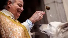 Seorang pendeta memberkati seekor anjing di Gereja San Anton pada perayaan Santo Antonius di Madrid, Spanyol, Rabu (17/1/2024). Santo Antonius merupakan santo pelindung hewan di Spanyol. (AP Photo/Manu Fernandez)