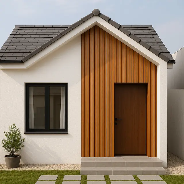 Inspirasi Fasad Rumah Tipe 21 dengan Aksen Kayu/AI