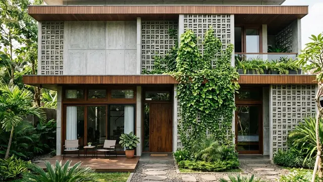 Gambar Fasad Rumah Minimalis dengan Kombinasi Kayu dan Beton