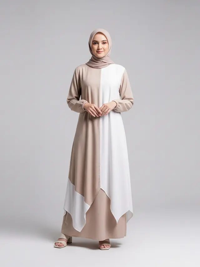 Model Gamis Beige & Putih Minimalis untuk Ramadan 2026 Desain Tunik Panjang Asimetris