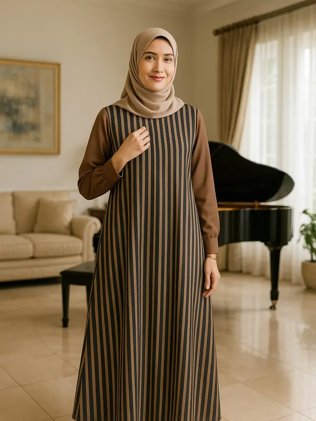 Model Gamis Lurik Kombinasi Polos di Lengan untuk Ibu-ibu 40 Tahun